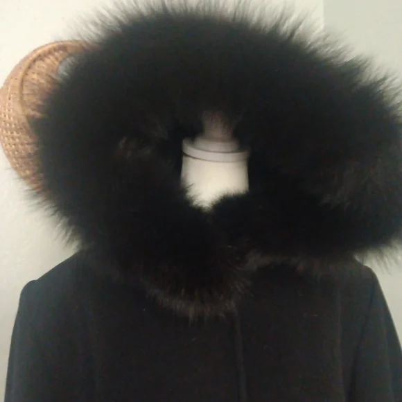 SACHI Black Pea Coat Wool Nylon Cashmere with Fox Fur Collar Button Up - Picture 2 of 8